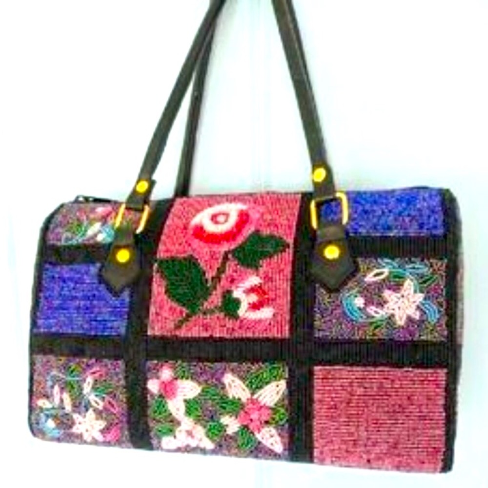 Comeco Hand Beaded Colorful Floral Satchel- NWOT